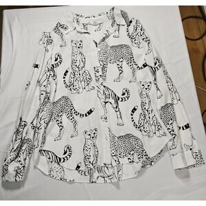 Jane + Delancey Tiger Cheetah Print Button Front Blouse Womens Med Black White